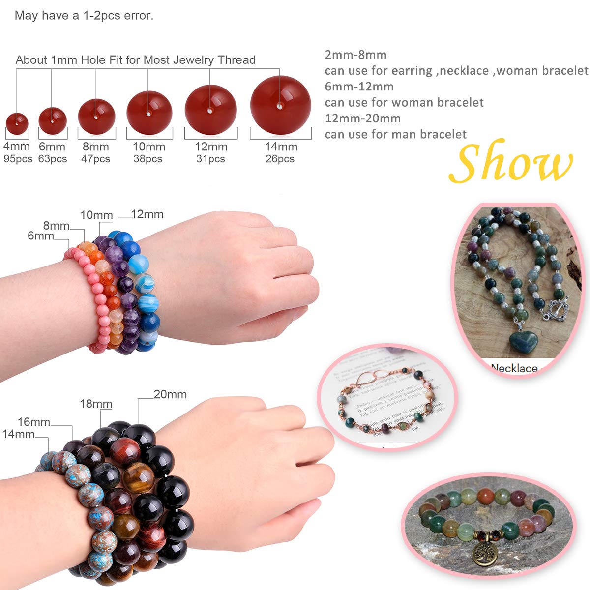 GEM-Inside Natural 18mm Indian Agate Gemstone Loose Beads Round Crystal Energy Stone Power Beads for Jewelry Making 15"