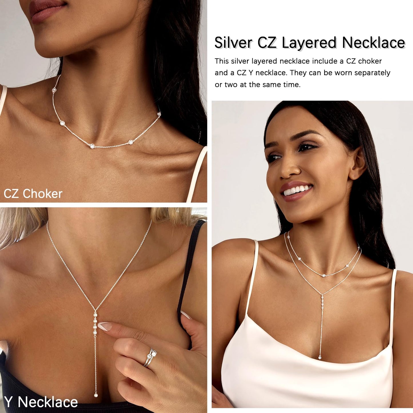 Zeffy Long Silver Necklace for Women- Dainty Silver Teardrop Drop Lariat Necklace Trendy Layered Simple CZ Y-Shaped Body Chain Stack Wedding Prom Dangle Statement Necklace Jewelry Gifts