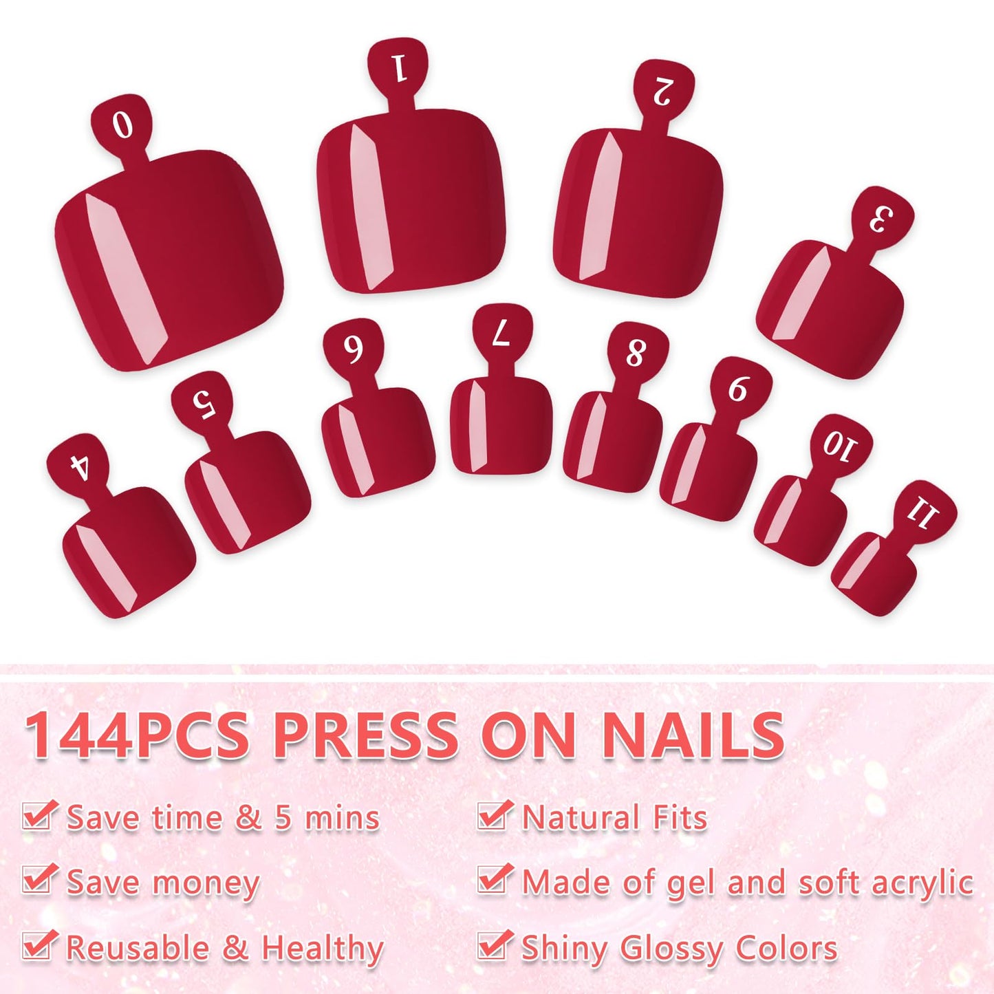 EternalClassic 144pc Press on Toenails for Women Toe Nail Press ons Short Square with Glue&Jelly Glue, Red Fake Toe Nails Glue on Toe Nails, Full Cover Acrylic Artificial Toe Press on Nails