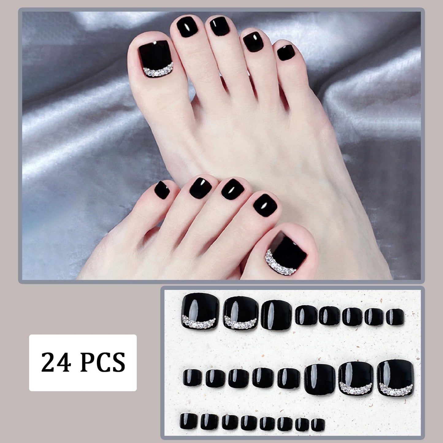 Black Press On Toenails Short Square Glossy Solid Black with Rhinestone Design Full Cover Acrylic Toe Nail for Women Girls Manicure 24 pcs