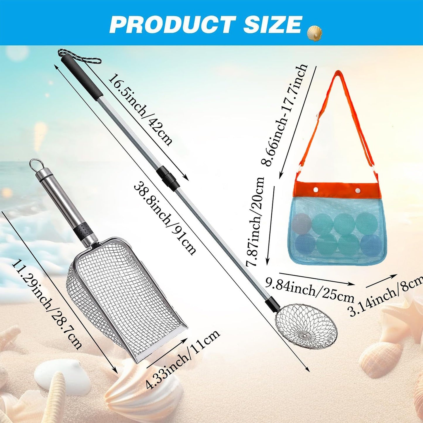 Hokoad 6Pcs Shelling Tools for Beach Include Beach Mesh Shovel, Sand Sifter with Extra Long Adjustable Handle and Mesh Beach Bag, Collecting Shells Beach Toys or Kids Girls Boys(6Pcs)