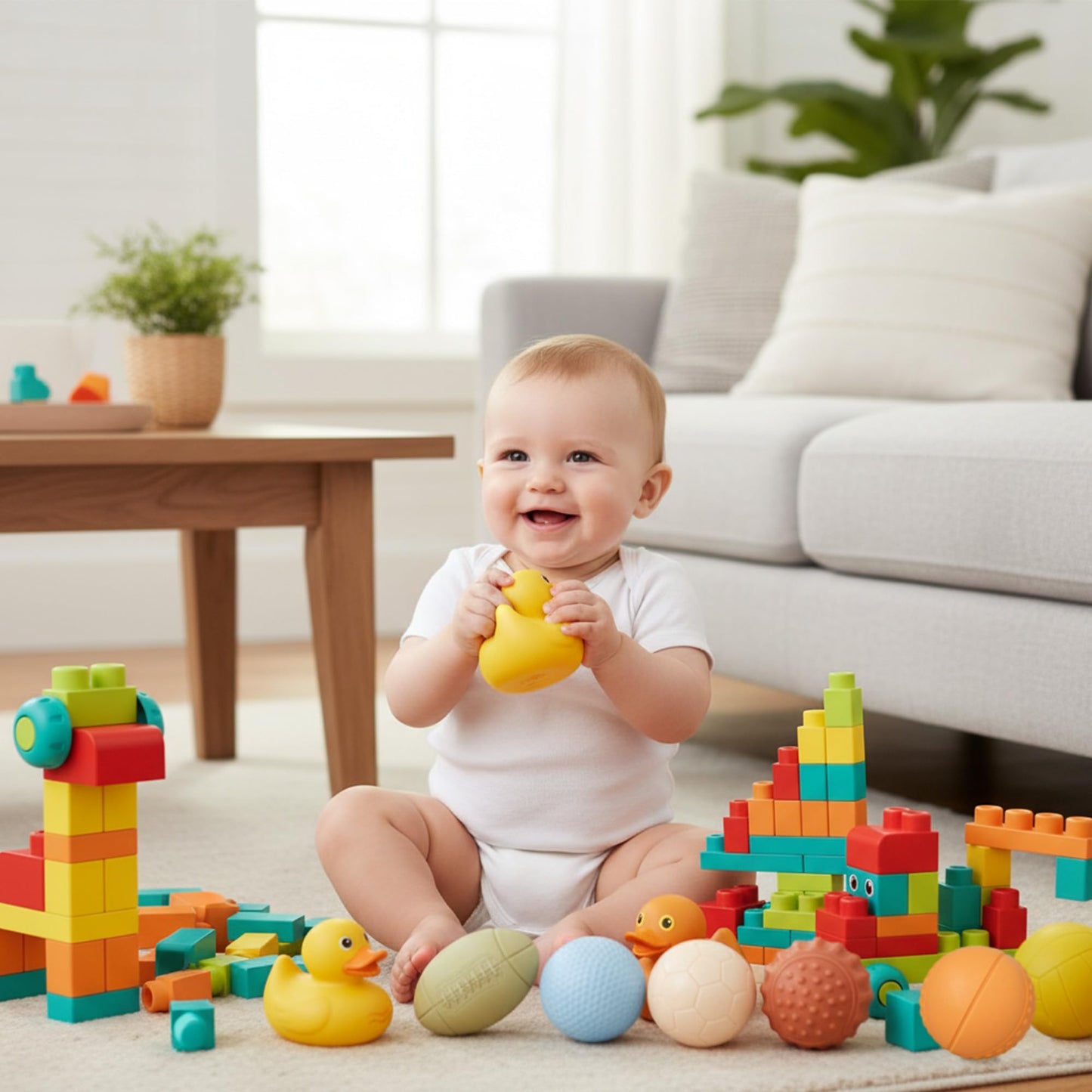Soft Building Blocks & Baby Bath Toys Bundle - STEM Montessori Stacking: Rubber Blocks 42PCS with Storage (12-18M) + Floating Duck & No-Hole Wheat Straw Sensory Balls (9 Pack) for 6-12M & Toddlers 1–3