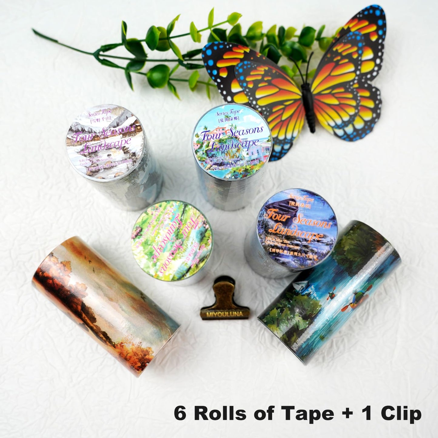 MiyouLuna 6 Rolls Seasons Landscape Washi Tape Set, 3.15in Large Nature Sticker Tape with Clip for Journaling, Scrapbooking, Planner Decoration, DIY Crafts and Art Projects