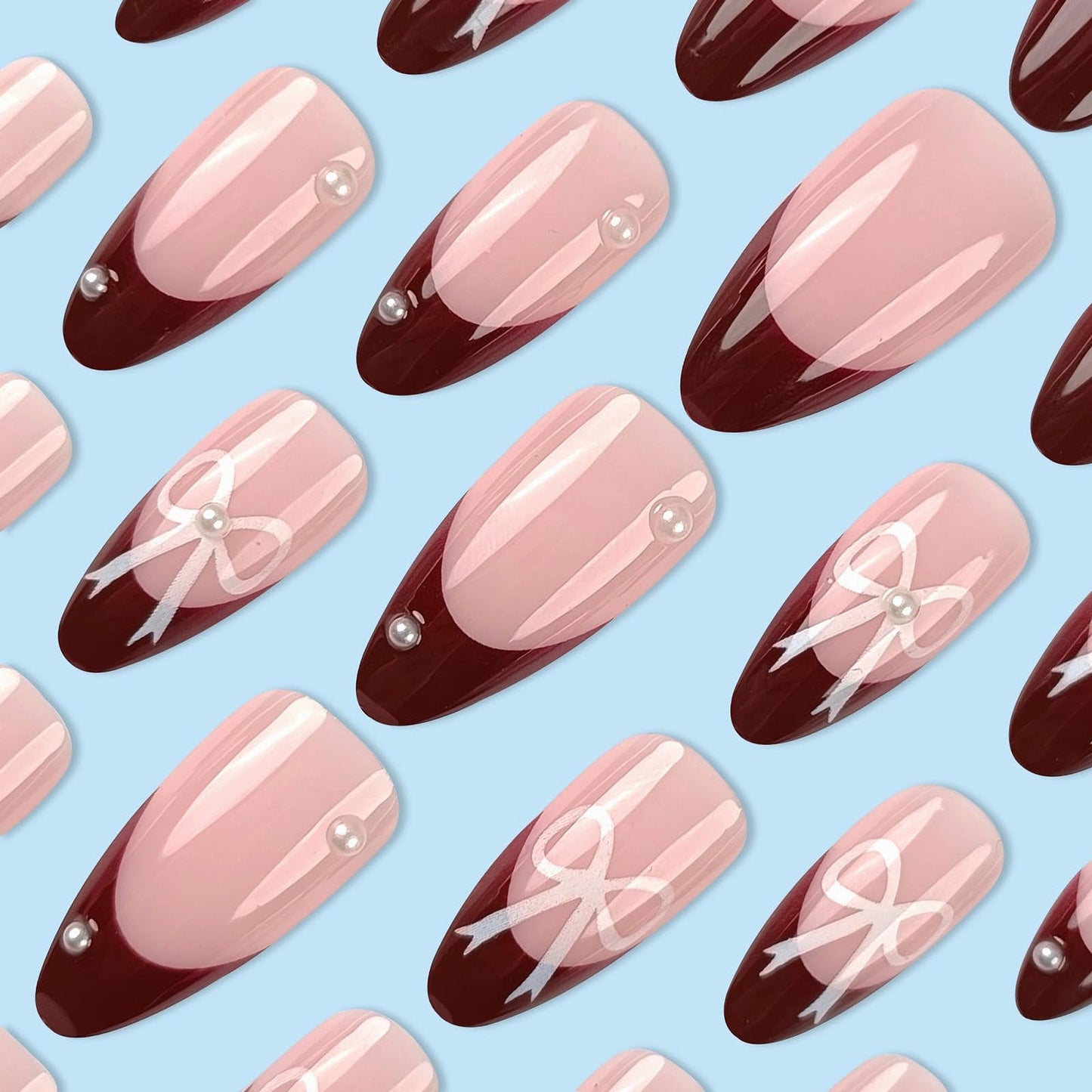 MISUD Press on Nails - Medium Almond Fake Nails with Wine Red French Tip, Acrylic Bow Pearl Design 24 pcs