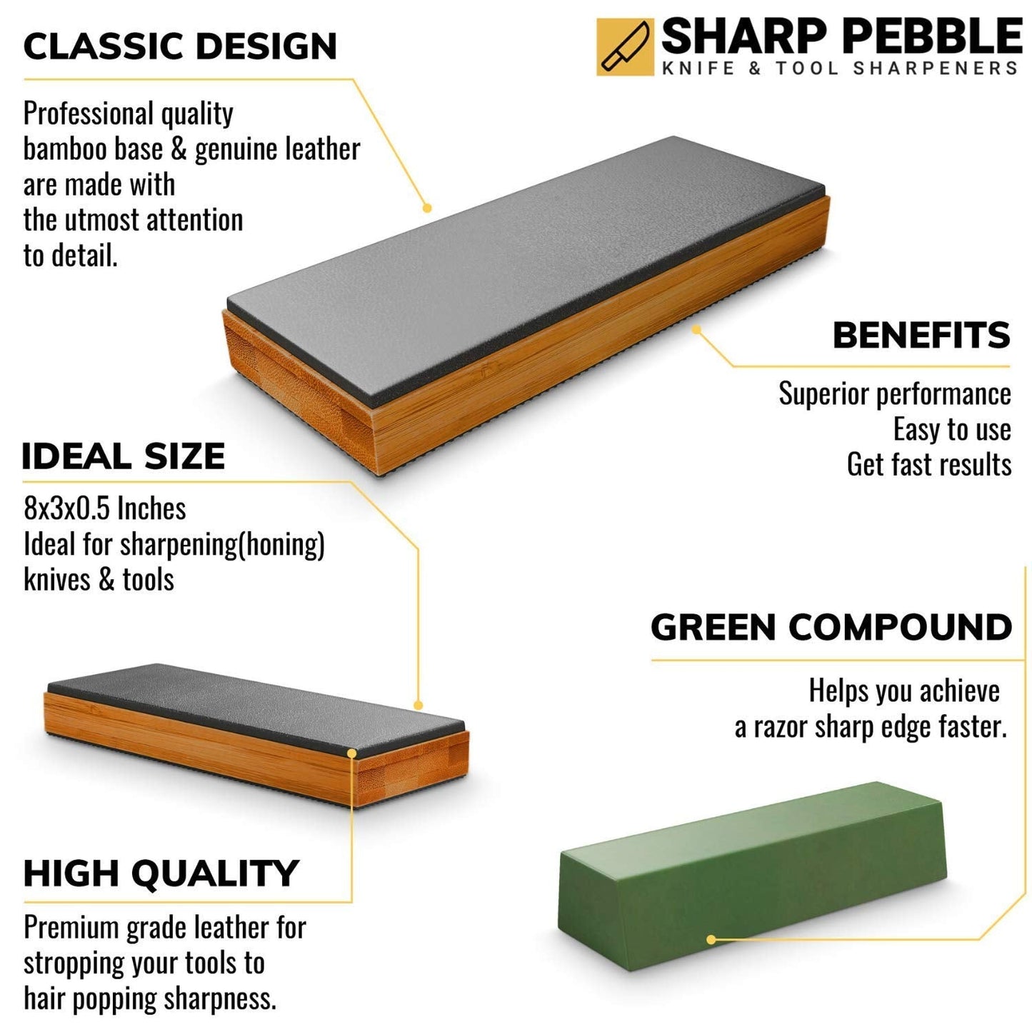 Sharp Pebble Knife Sharpening Stones Kit with 1000/6000 and Classic Leather Strop with Angle Guide & Green Compound
