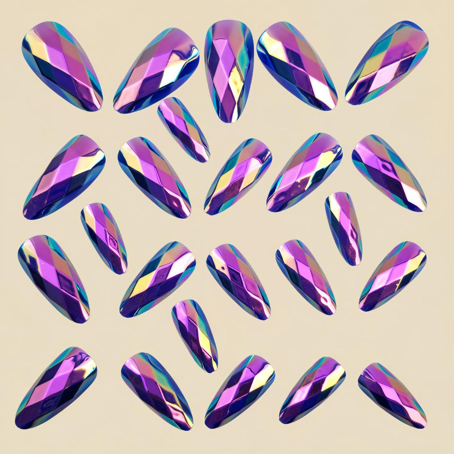RUOKEXIN Almond Press on Nails Medium Length Fake Nails Chrome False Nails with 3D Rhombus Designs Full Cover Nail Press ons Sparkly Artificial Nails for Women 24Pcs(Dark Purple)