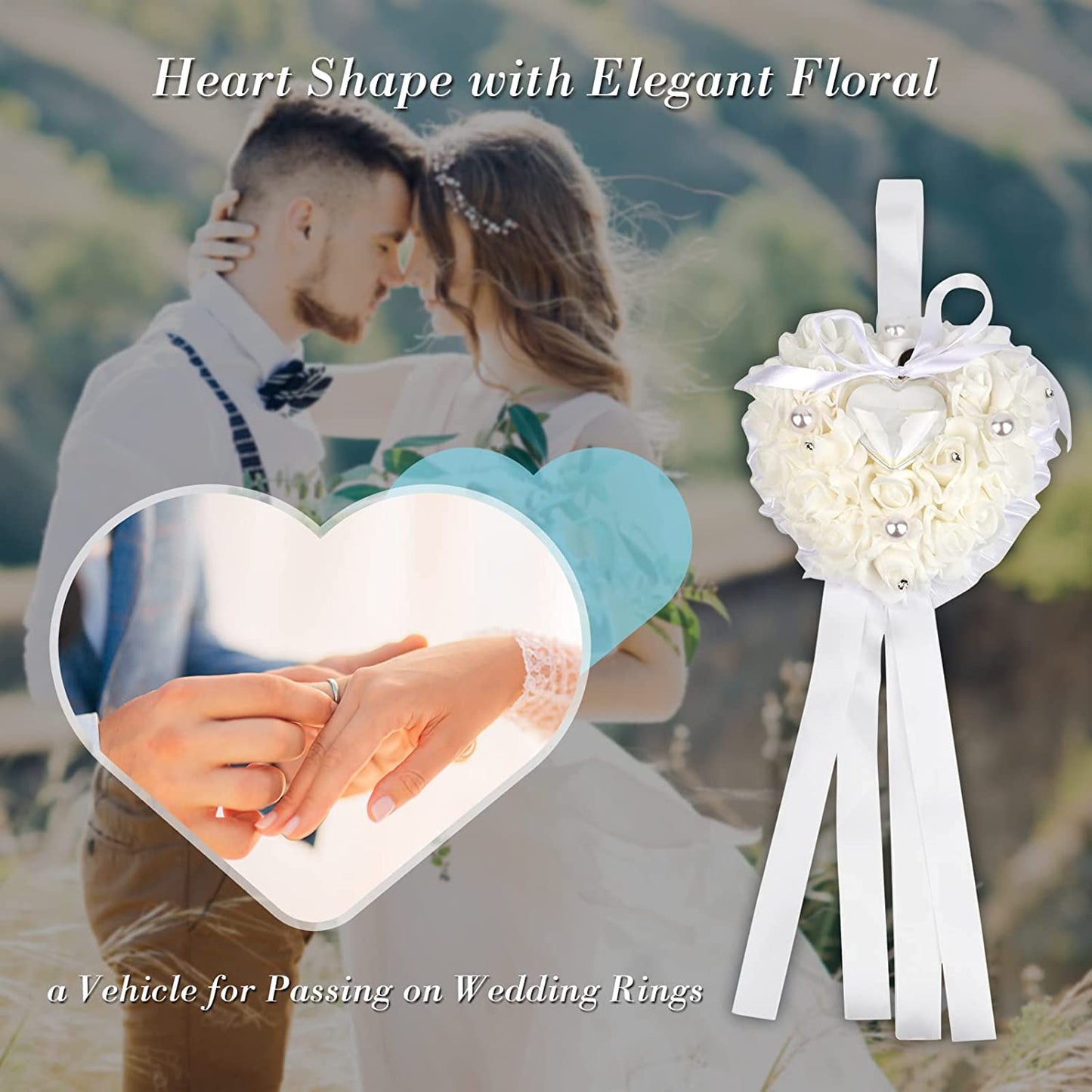 GOTOTOP Wedding Pillow, White Heart Shape Wedding Box for Wedding Lace Crystal Rose Heart Box Wedding Holder Gift