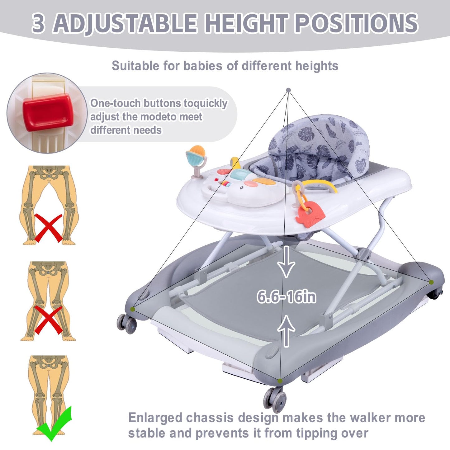5 in 1 Foldable Baby Walker, Activity Baby Walker-Baby Bouncer, Rocker, Activity Center,Seat and Push Walker,Detachable Trampoline Mat, Adjustable Speed Rear Wheels and Height,Ages 6-18 Months(Grey)