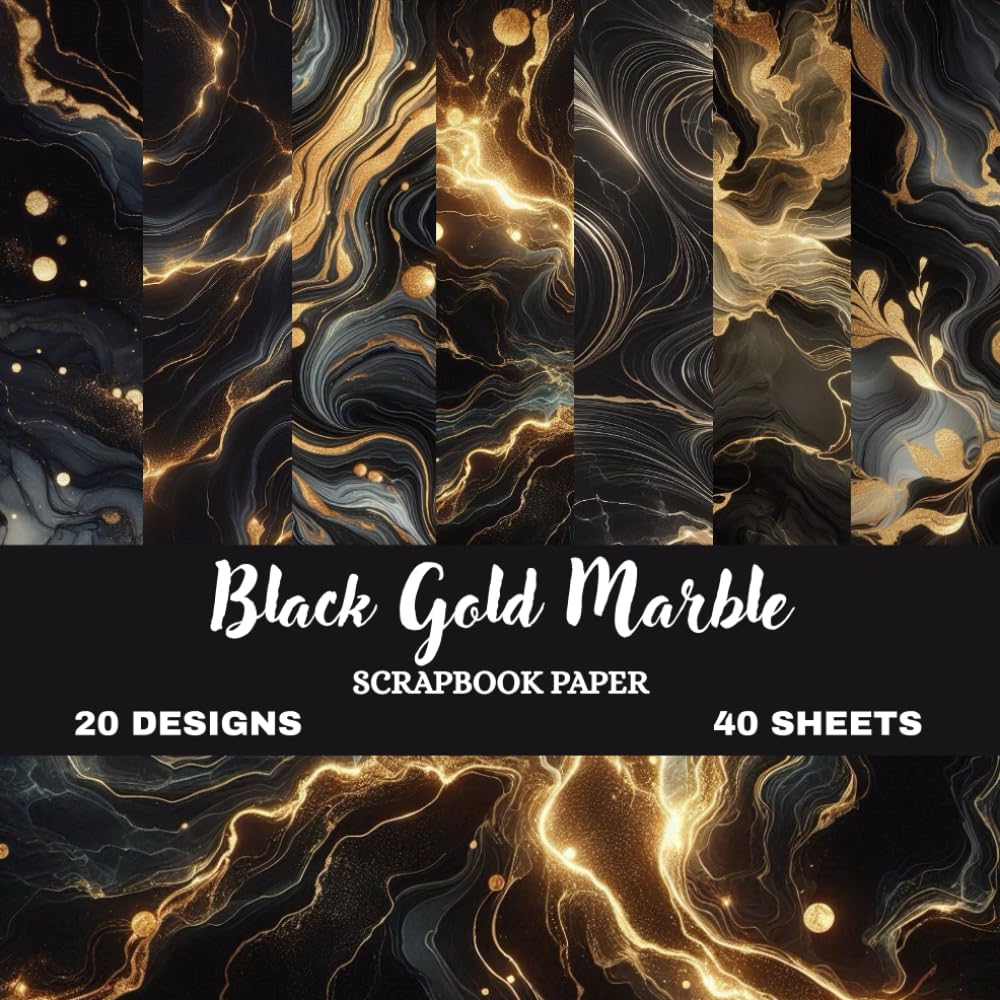 Luxe Black Gold Marble Papers: Elegant Fluid Art Scrapbook Collection | 8.5 × 8.5 Inch | Premium Matte Finish | Decorative Craft & Journaling Paper Pack (Natural Marble Scrapbook paper)