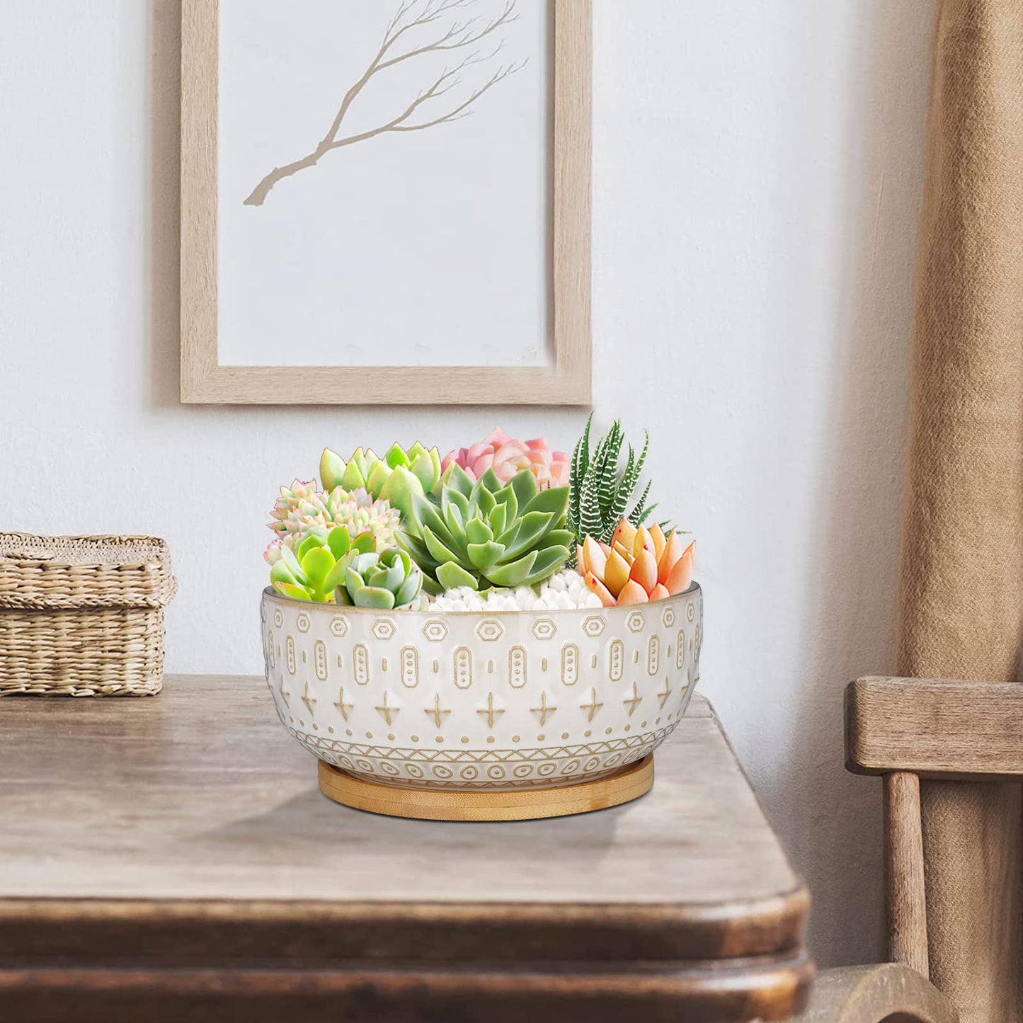 Fivepot 8 Inch Ceramic Succulent Planter Pots with Drainage Hole Flower Pot for Indoor Plants Round Shallow Bonsai Pot with Bamboo Tray White