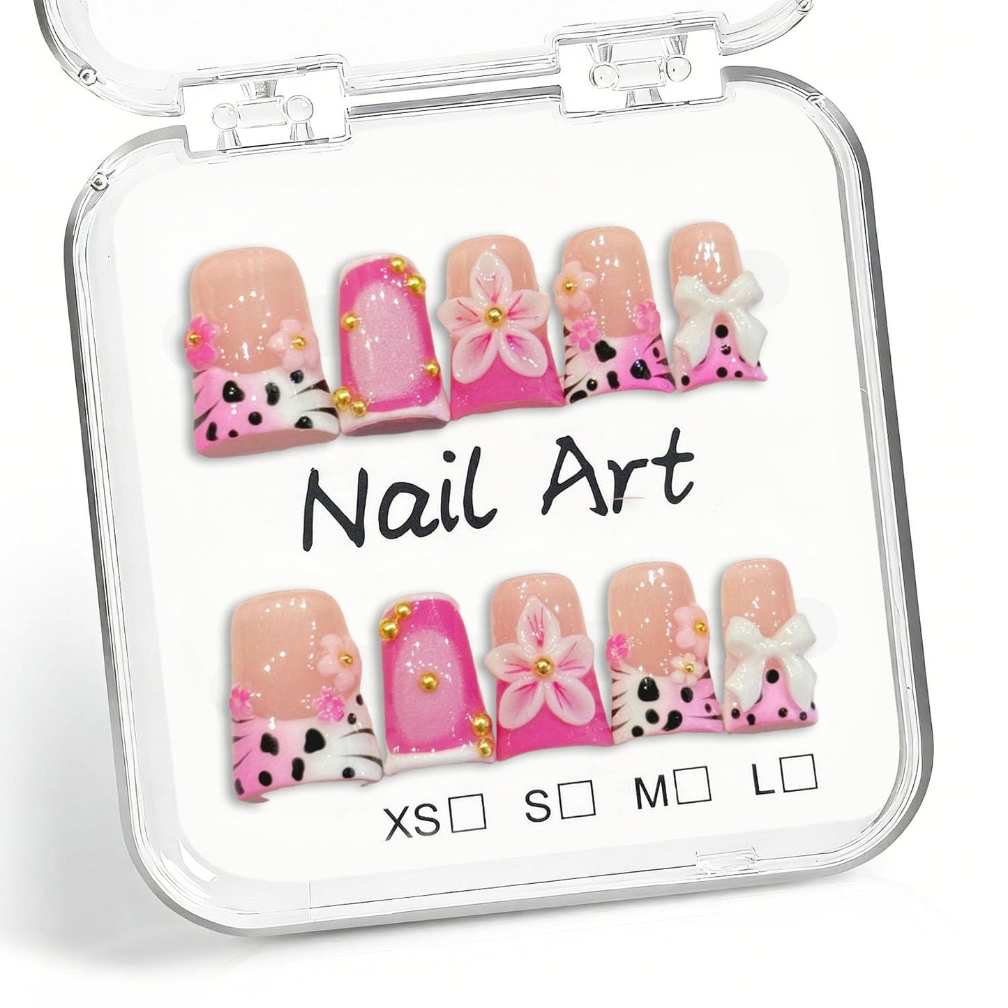 10 Pcs Duck Shaped Handmade Press on Nails Pink French Style with 3D Flower & Bow Designs Multi-Layer Gel Salon Quality False Nails Thick Acrylic Nails Short Stick on Nail for Women (S)