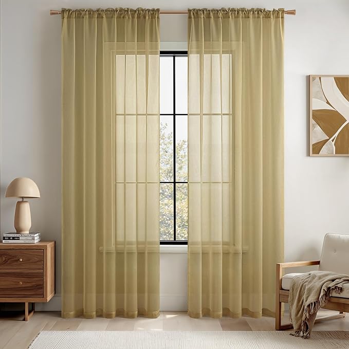 MIULEE Dark Gold Sheer Curtains 84 Inches Long 2 Panels, Light Filtering Voile Drapes with Rod Pocket for Bedroom and Living Room Windows