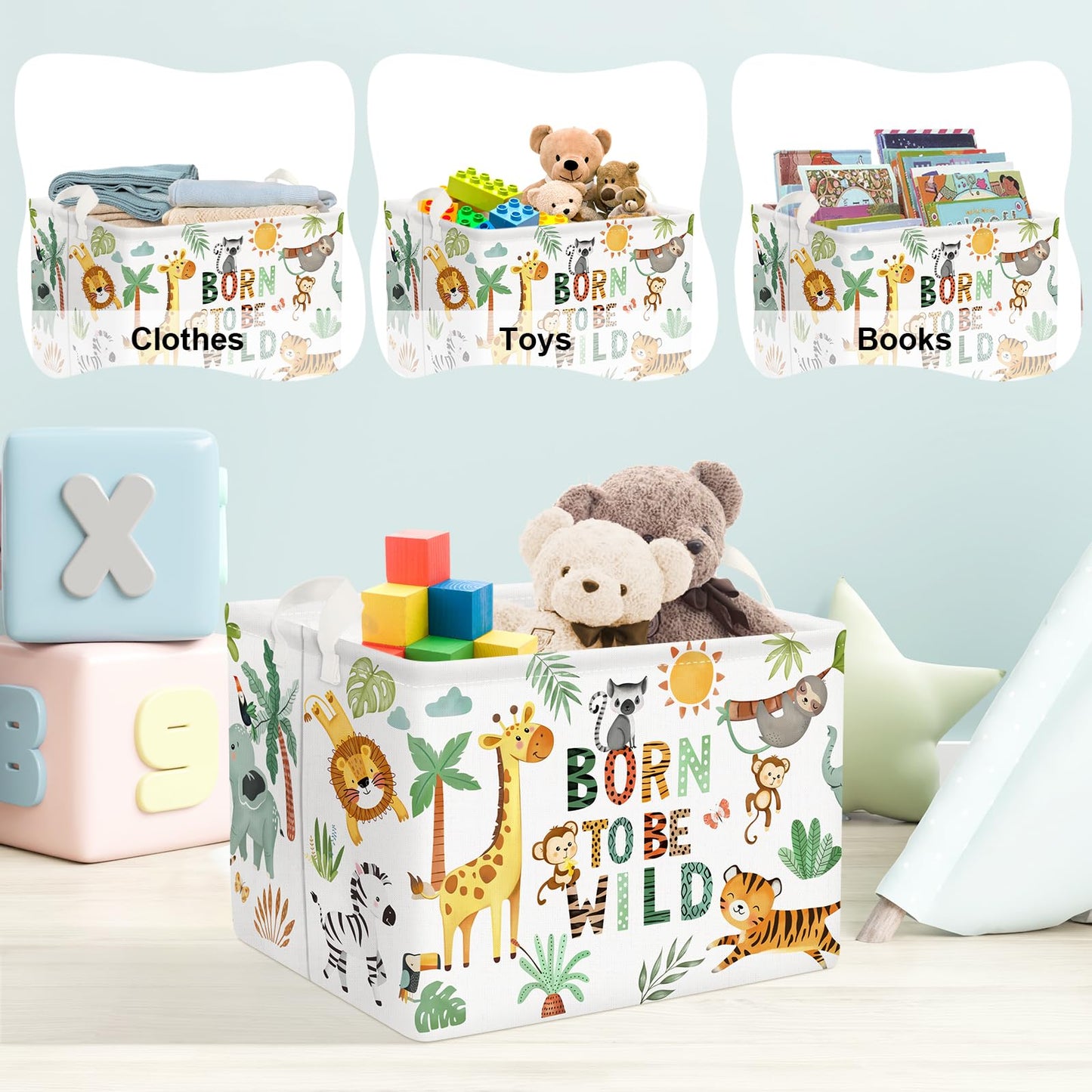 Clastyle 36L Boho Tropical Animal Tree Elephant Kid Storage Basket Rectangle Giraffe Lion Tiger Clothes Toy Nursery Bin Book Shelf Basket