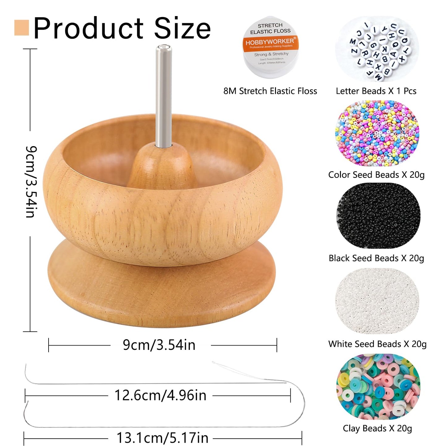 hobbyworker Upgrade Wooden Bead Spinner with 2 Pcs Big Needles,8000 Pcs Seed Beads and 1 Surprise Gift Pack for Jewelry Making Tools,Quickly Stringing Beads Tool, Manual Operated