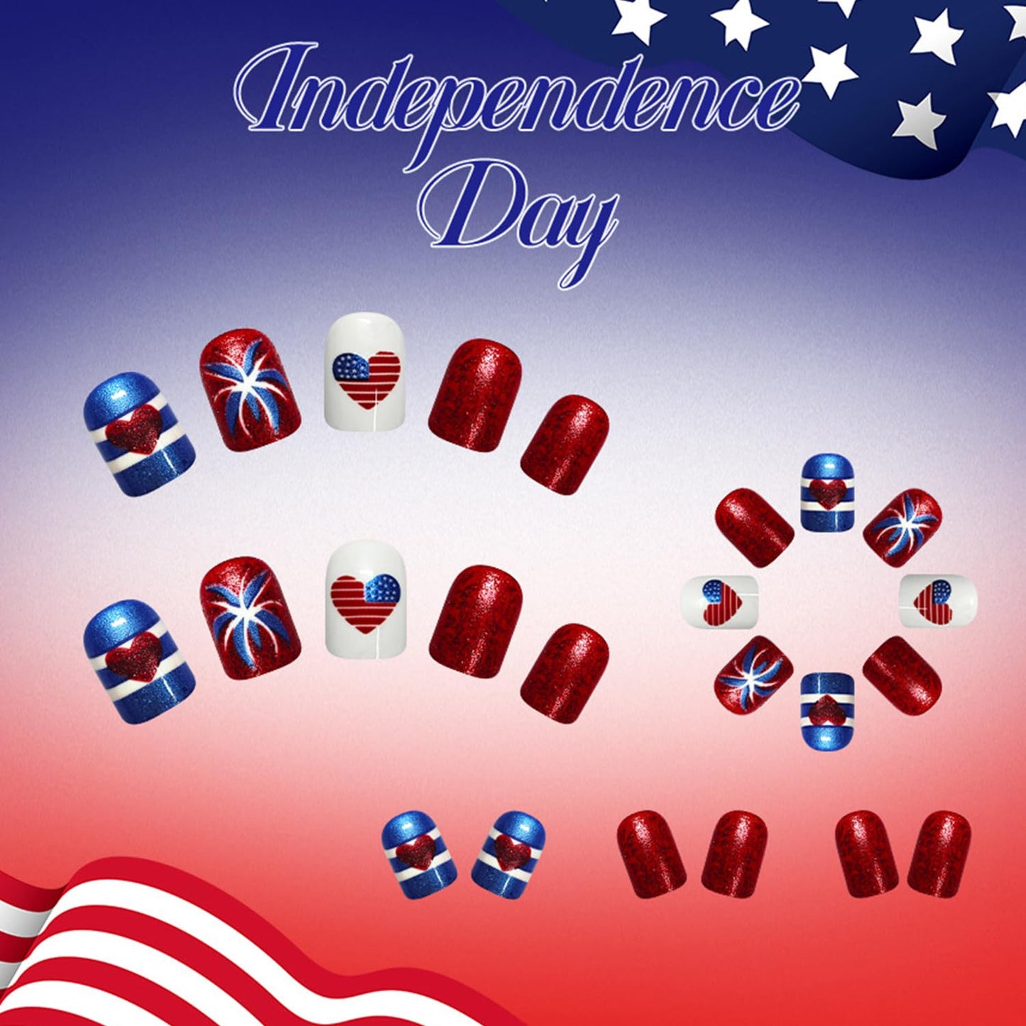 4th of July Press on Nails Square Shaped Artificial Acrylic Love Heart US Flag White Lines with Fireworks Glitter Short Independence Day Press Ons Artificial Fingernails for Women Holiday Manicure