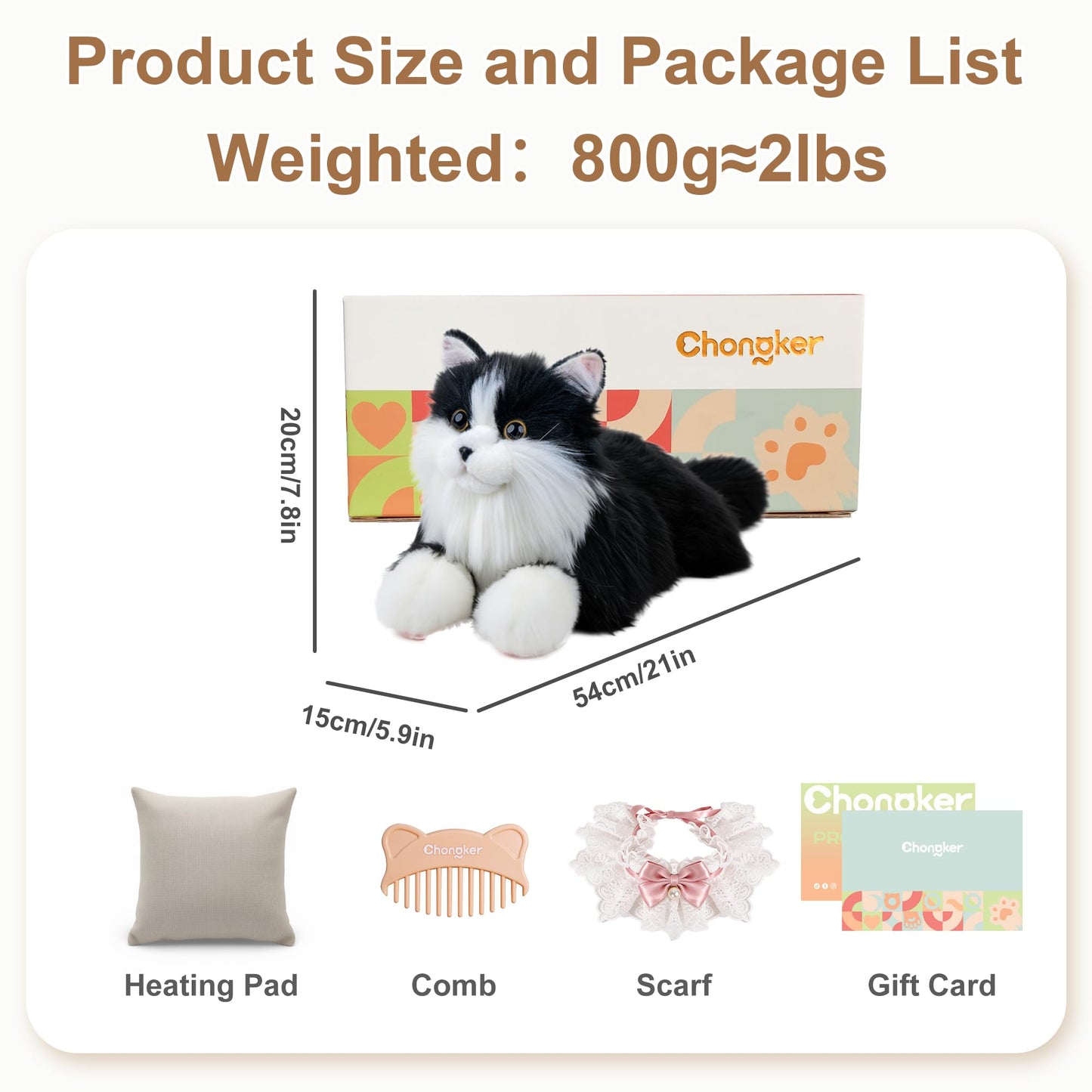 Chongker Microwavable & Weighted Stuffed Animals, 2 lbs Heated Stuffed Animal Cat Plushie with Removable Unscented Heating Pad for Belly Neck Shoulders, Plush Toys for Adults Children (White+Black)