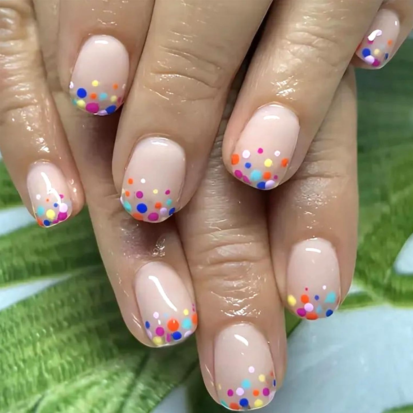 Colorful Polka Dot Press on Nails Short Square Fake Nails with French Dots Design Cute Acrylic False Nail Glossy Full Cover Stick on Nail Reusable Artificial Summer Nails for Women 24Pcs