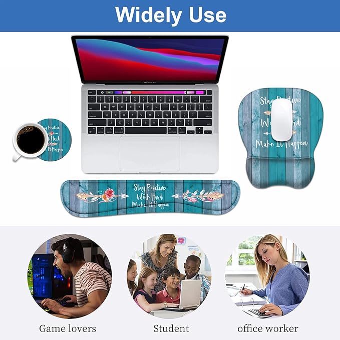 Mouse Pad Wrist Support and Keyboard Wrist Rest Set with Coasters, Stay Positive Work Hard and Make It Happen Inspirational Quote Non-Slip PU Base Ergonomic Mousepad for Home Office Working Studying