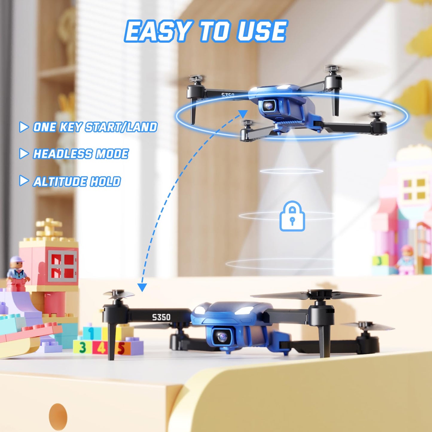Drone for Kids with 1080P HD Camera - S350 Foldable Mini Drones Toys Christmas Birthday Gifts for Boys Girls, RC Helicopter Quadcopter with Altitude Hold, One Key Start, 3D Flips, 2 Batteries, Blue