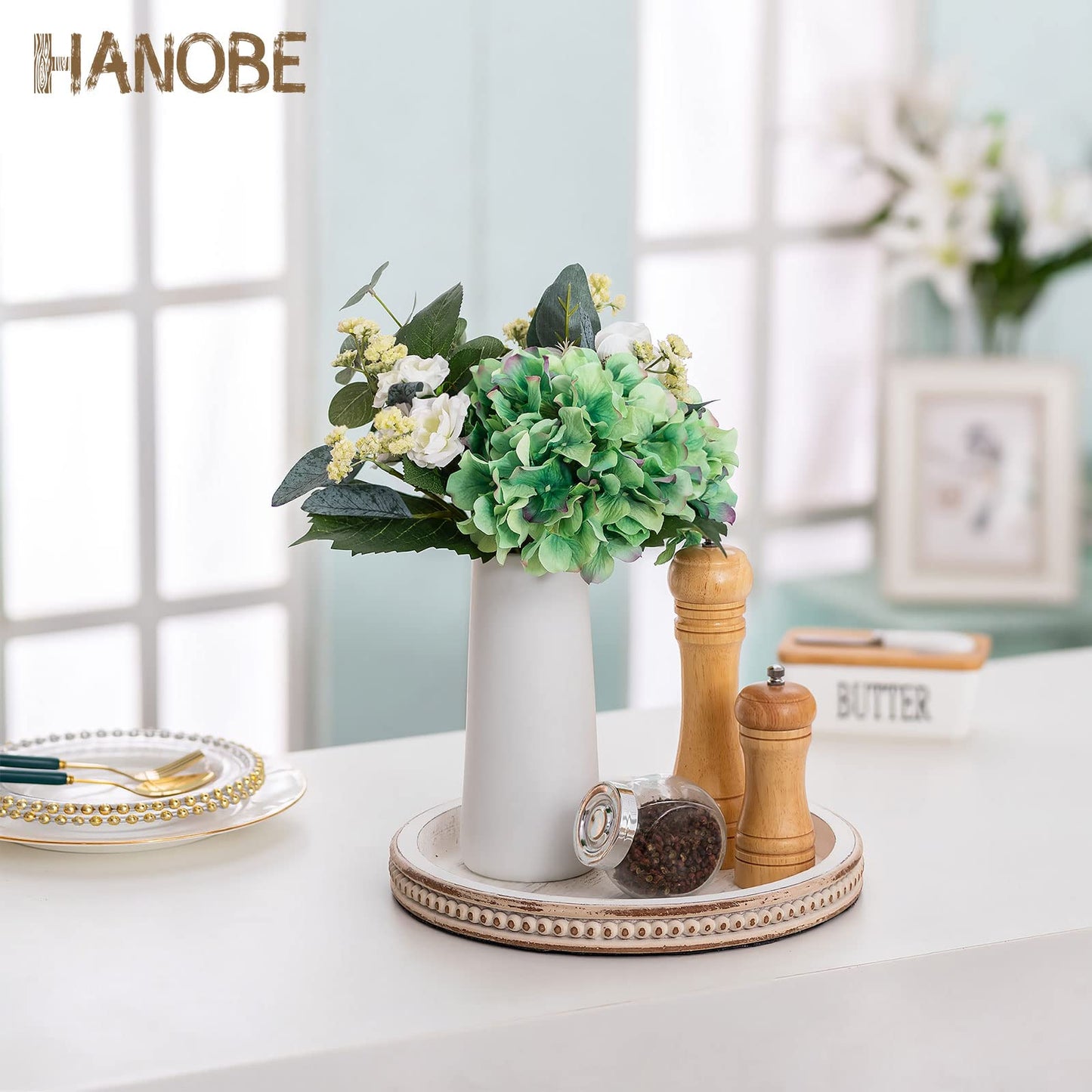 Hanobe Round Wooden Decorative Tray: White Washed Bead Tray Decor for Coffee Table Centerpiece Rustic Farmhouse Tray for Kitchen Counter Living Room Decoration
