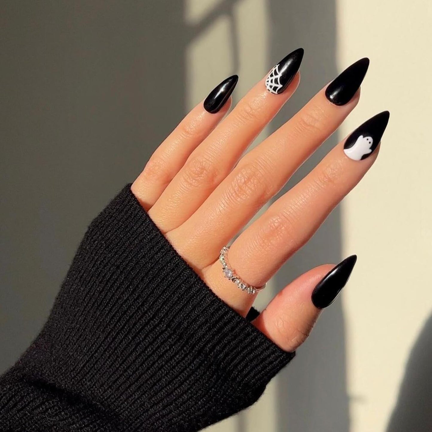 KQueenest Black Press on Nails Medium Almond Stiletto with Ghost Pattern, Gel Fake Nails Medium, Acrylic Nails Press ons Feature Protective UV Coating in 24PCS