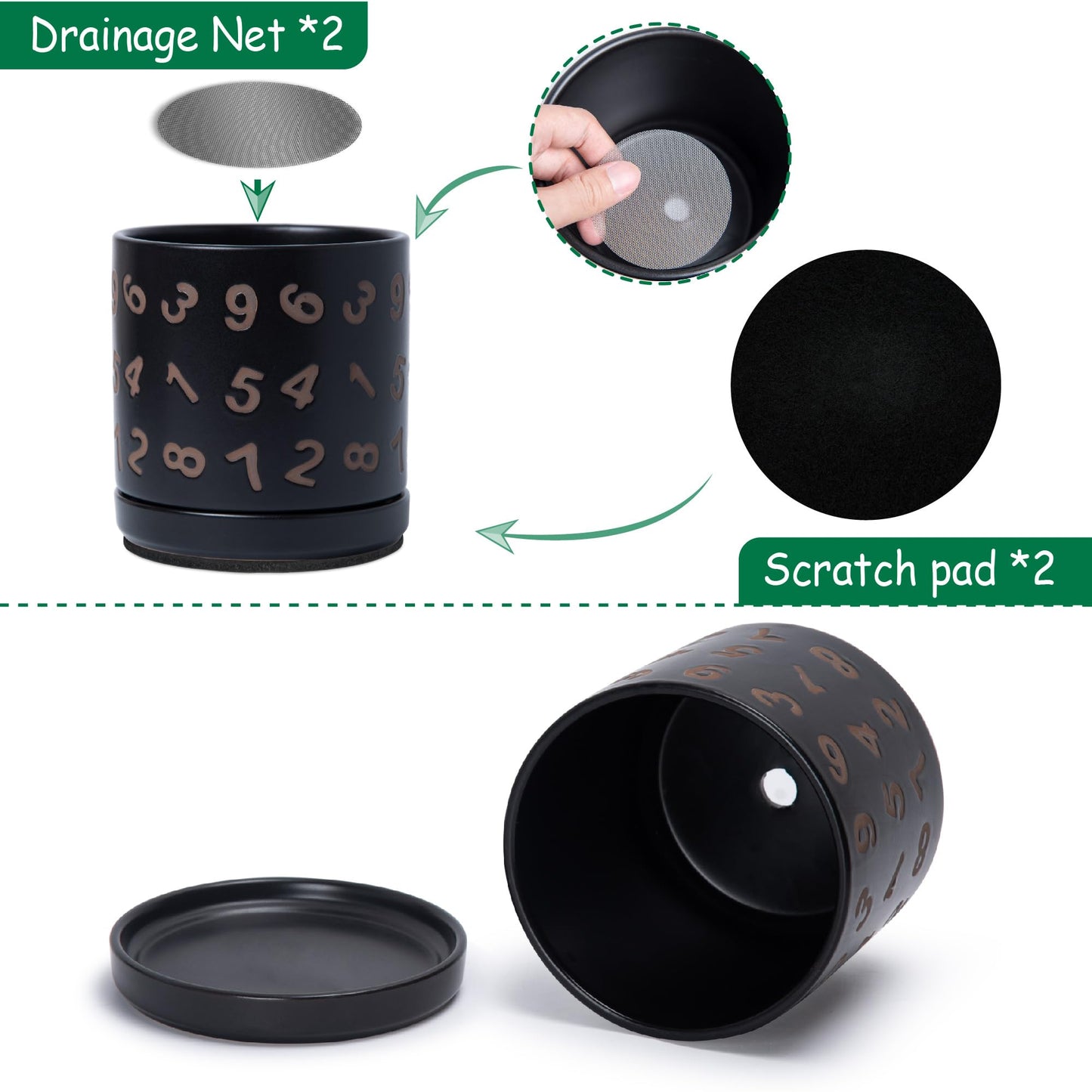 D'vine Dev Set of 2 Ceramic Planter Pots with Drainage Hole and Saucer, 6 Inch Plant Pots for Plants Indoor Houseplants, Black, 99-Z-B-2-Y