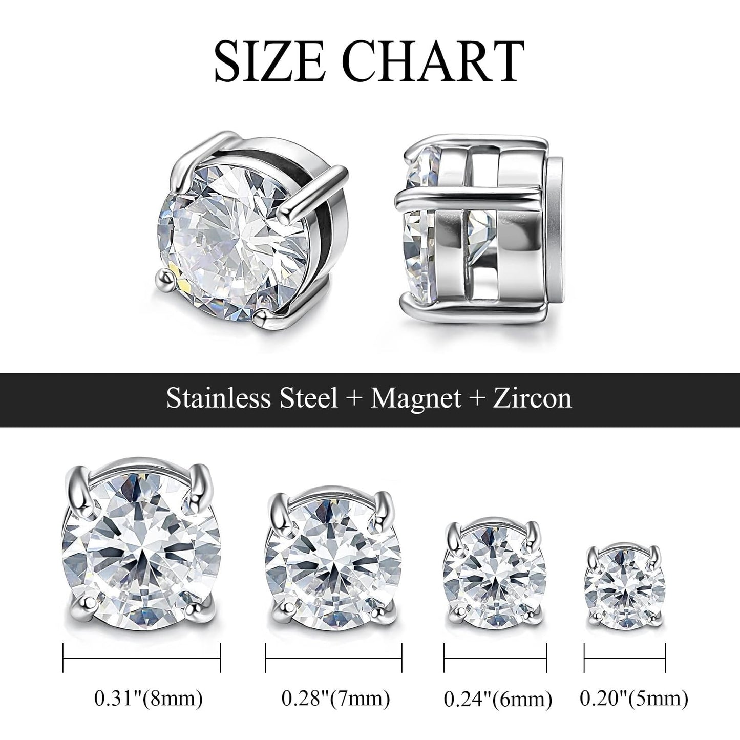 Magnetic Non-piercing Clip On Earrings: Stainless Steel 5-8mm CZ Inlay Round Fake Cheater Studs for Men Women, 4 Pairs Silver