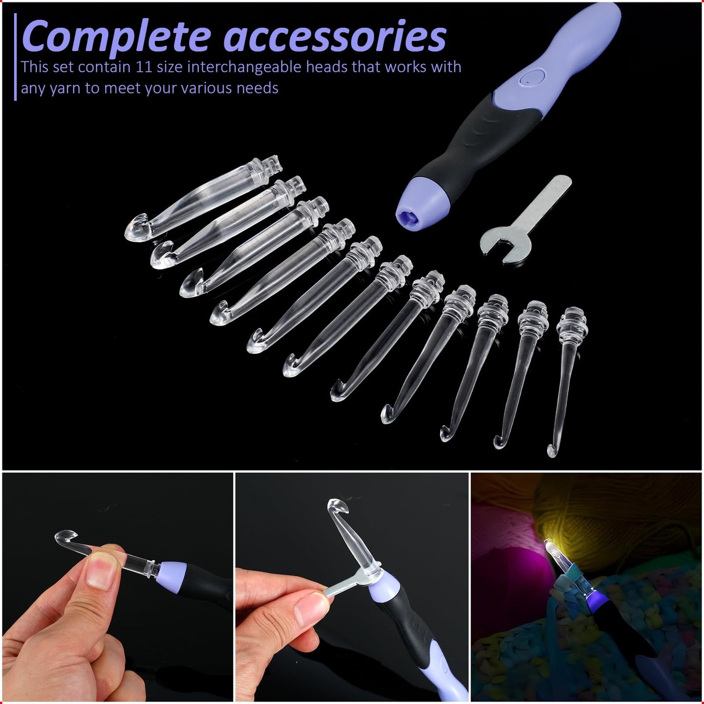 Light Up Crochet Hook Set, 11 Sizes Lighted Crochet Hooks with Case, Rechargeable Crochet Hook 2.5 mm to 8 mm, DIY Crochet Hooks Set for Crocheting and Knitting, Interchangeable Heads Hooks