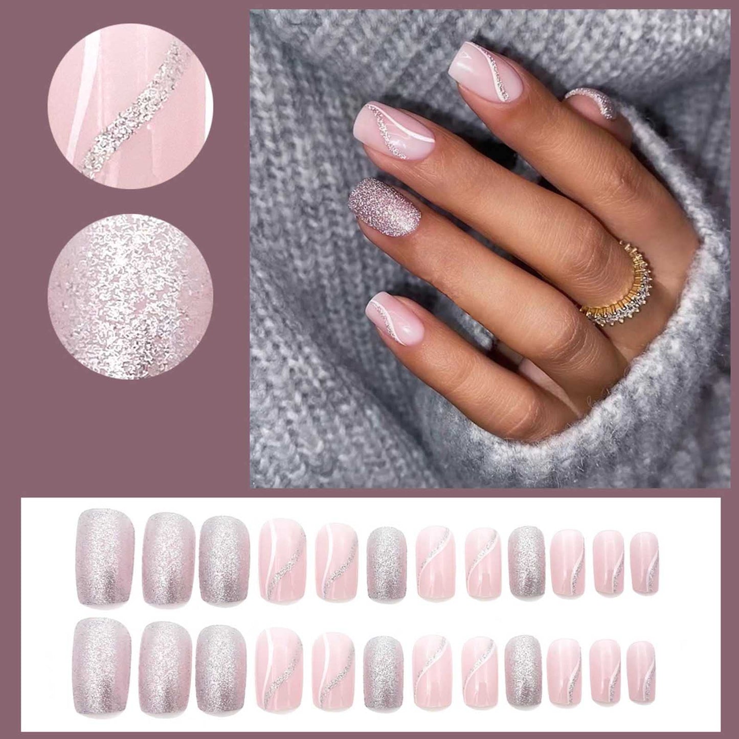YoYoee Short Square Press on Nails - Galaxy Bling Fake Nails Gradient False Nails Acrylic Full Cover Ballerina Stick on Nails for Women and Girls 24pcs