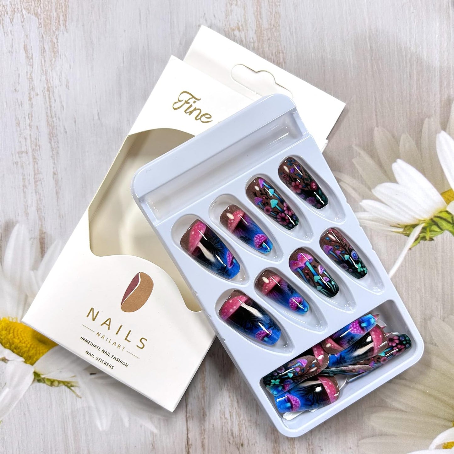 CJDLTS Mushroom Press on Nails Medium Ballet Shaped False Nails Fantasy Mushrooms and Flower Pattern Design Glitter Nails Full Cover Colorful Stick on Nails Artificial Acrylic Press Nails for Women