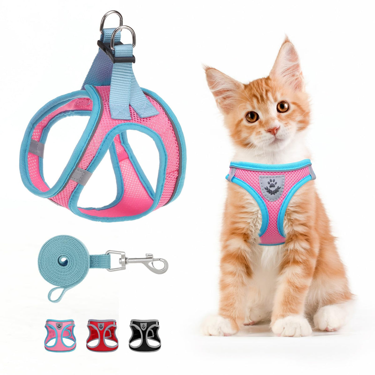 SCENEREAL Cat Harness and Leash Set Escape Proof, Adjustable Soft Air Mesh Kitten Harnesses for Girls Boys Small Medium Big Cats, Reflective Light Travel Pet Walking Vest for Puppy Rabbit, Red S