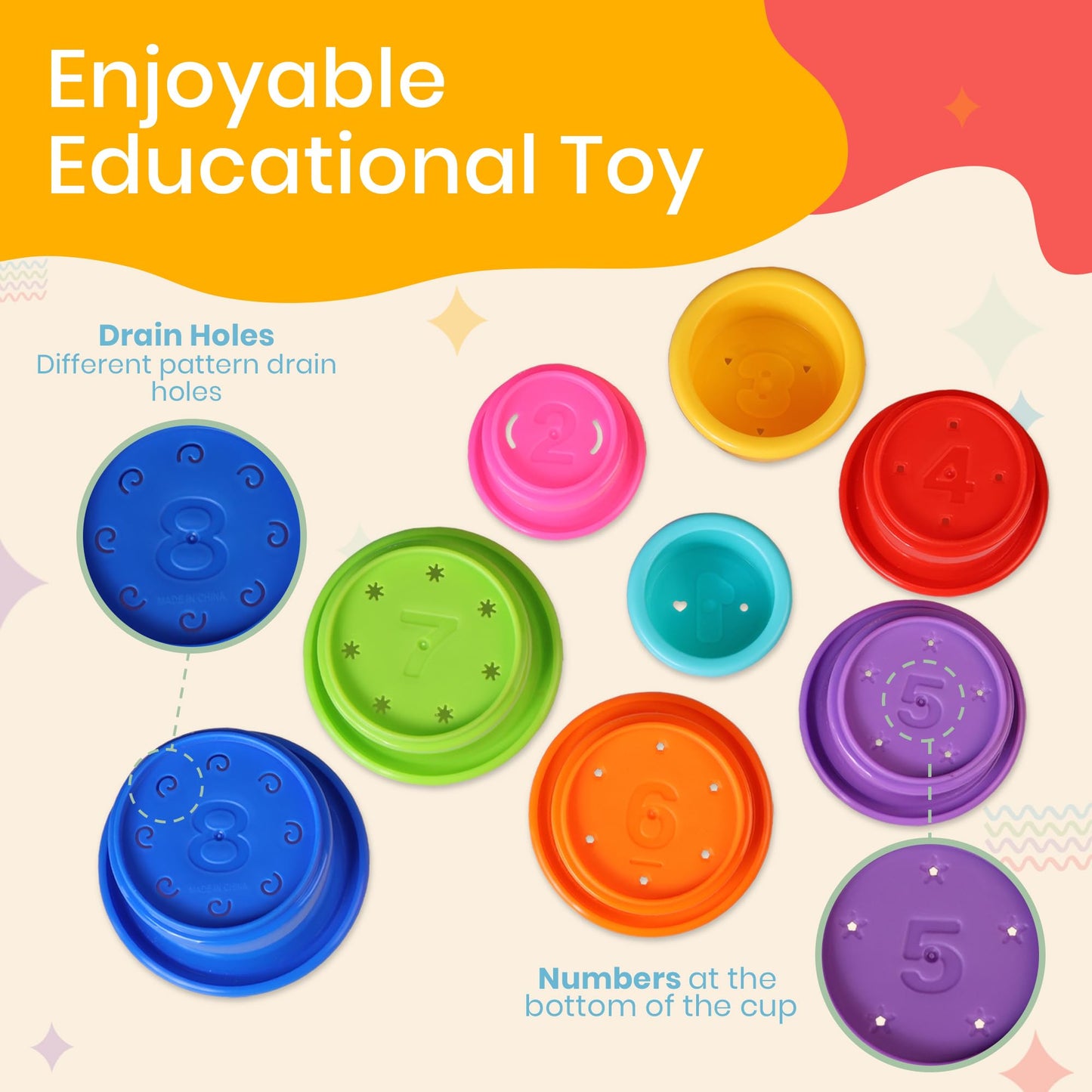 Stacking Cups Baby Toy Educational Cup Stacking Set 8-Pc Rainbow Stackable Cups | Nesting Cups for Babies 6-12 Months | Stacking Cups for Toddlers 1-3 Perfect for Indoor/Outdoor, Rainbow (8Pcs)