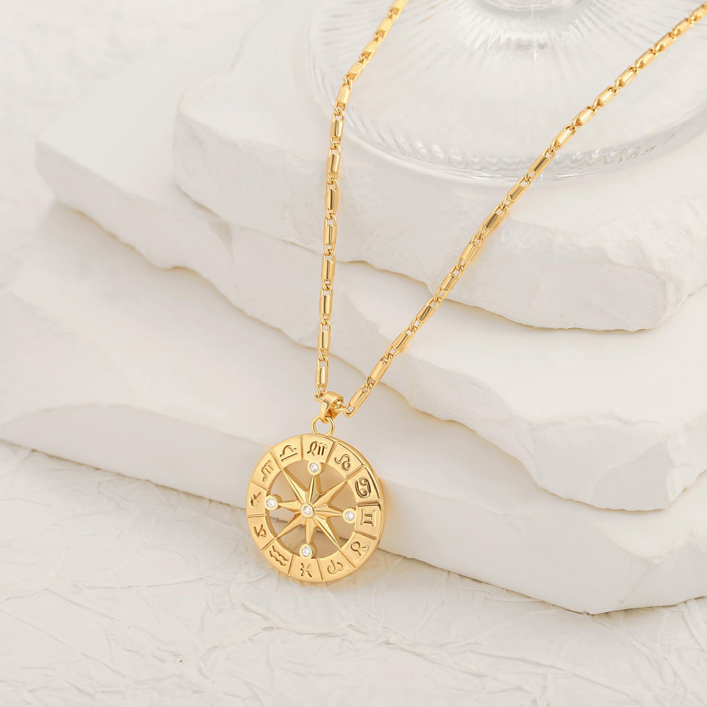 CANEVINKA Zodiac Pendant Necklace 18K Gold Plated Constellation Compass Necklace Adjustable Thin Link Chain Necklace Dainty Elegant Jewelry for Women