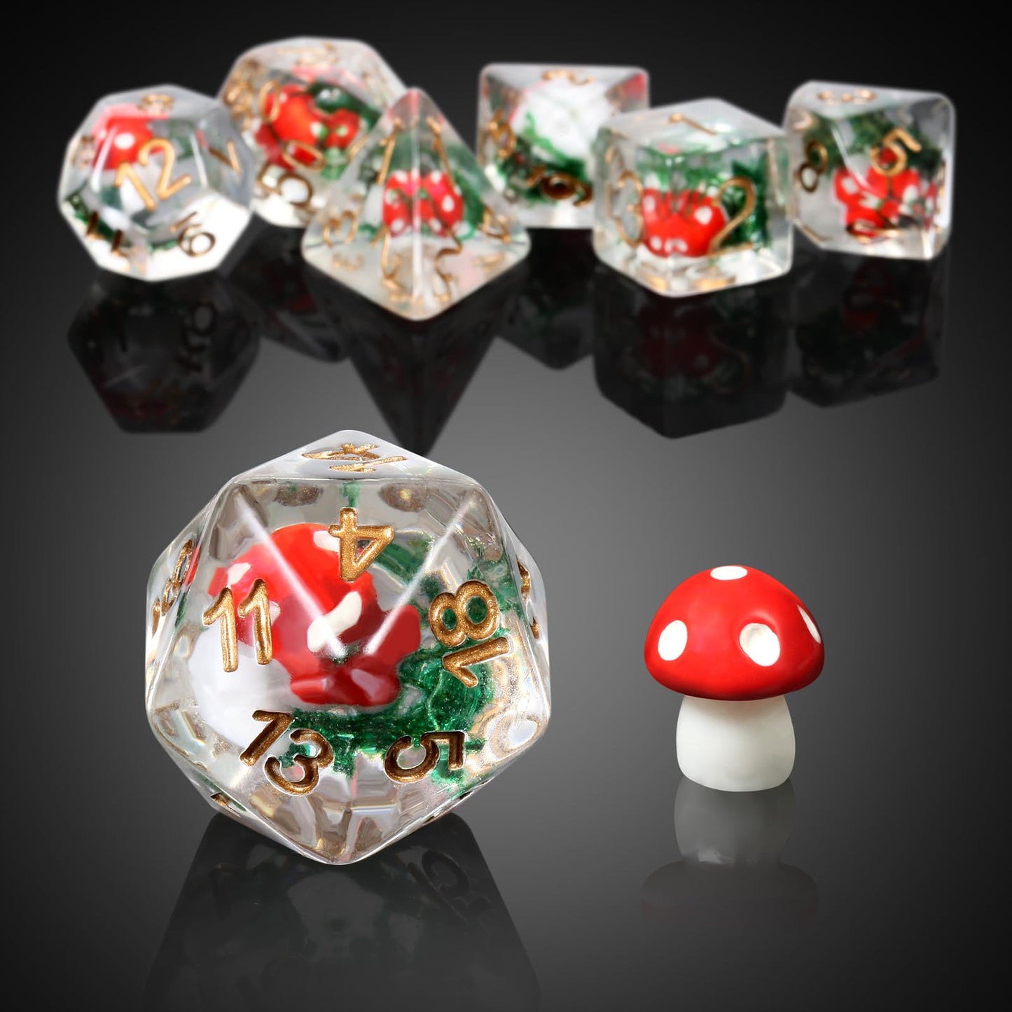 Mushroom Dice Set D&D, DNDND 7PCS Resin D&D Dice Set with Gift Velvet Bag for Dungeons and Dragons Role Playing Games and Tabletop Games（Red Mushroom