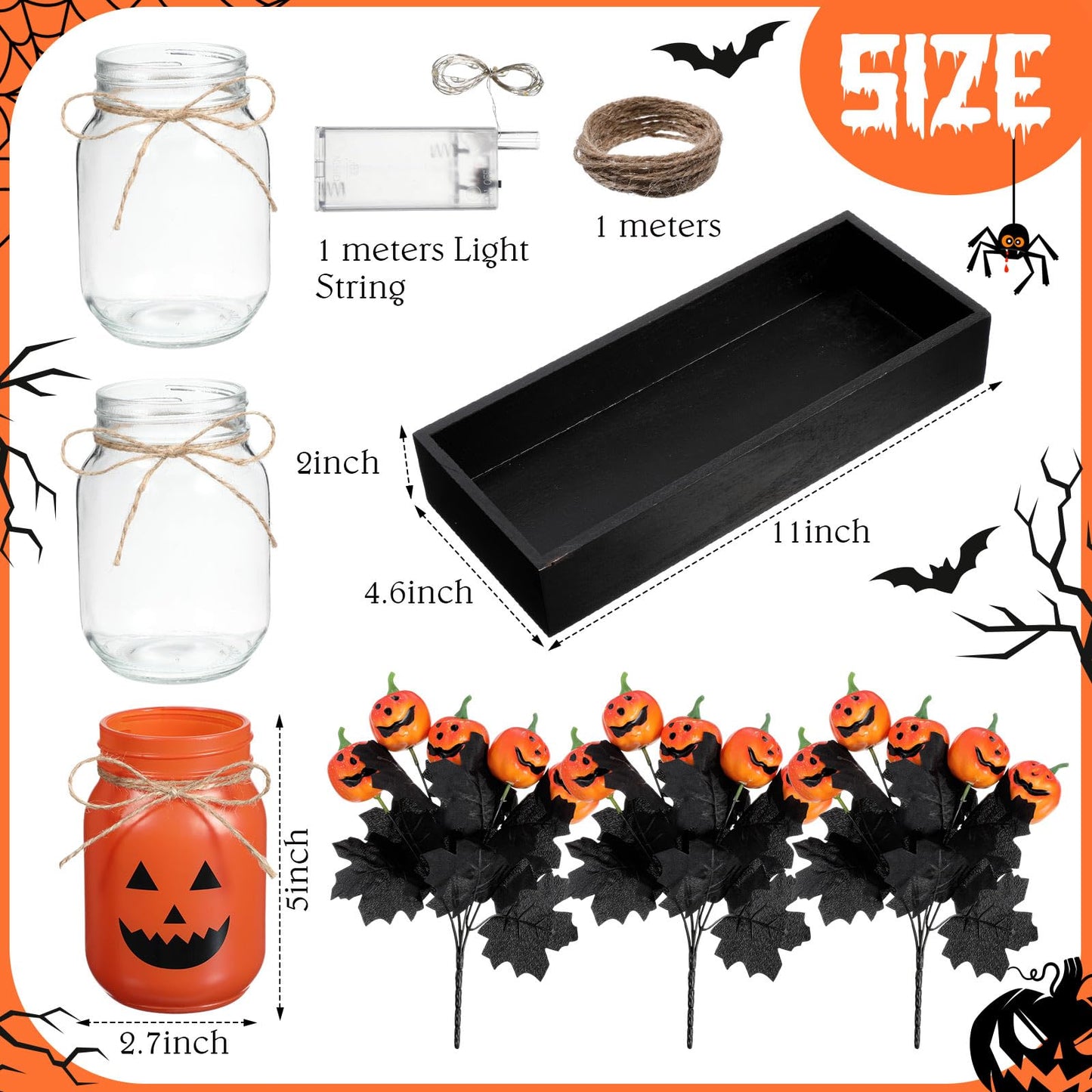 Honeydak 9 Pcs Halloween Table Centerpieces Pumpkin Mason Jar for Halloween Table Dining Room with Farmhouse Wood Tray 3 Mason Jars with Artificial Flowers and 2 LED Light for Dining Room