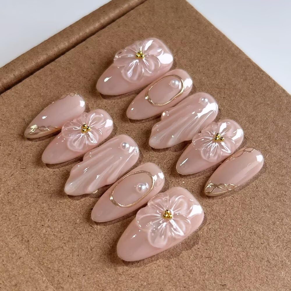 Handmade Acrylic Press On Nails Almond, Simple False Nails For Women, Reusable ABS Material Fake Nails, 10 Pcs Medium Almond Stick On Fingernail, DIY Art At Home with Nails Set (Size M)