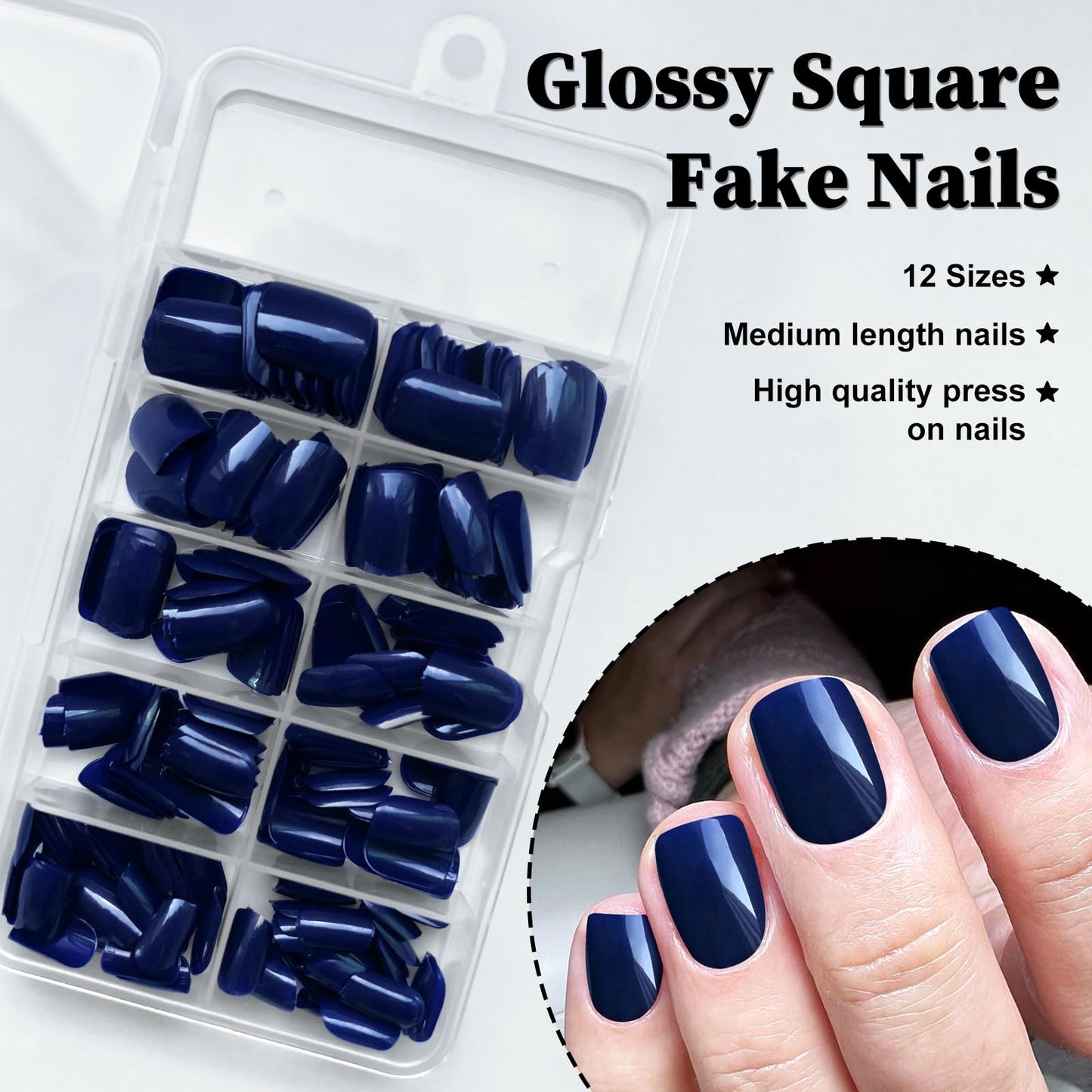 LuckForever Short Press on Nails 240pc Glossy Blue Press on Nails Short Square Fake Nails Full Cover False Fingernail French Tips Presson Nail 10 Sheets Glue Nail Adhesive Tabs File Tools for Women