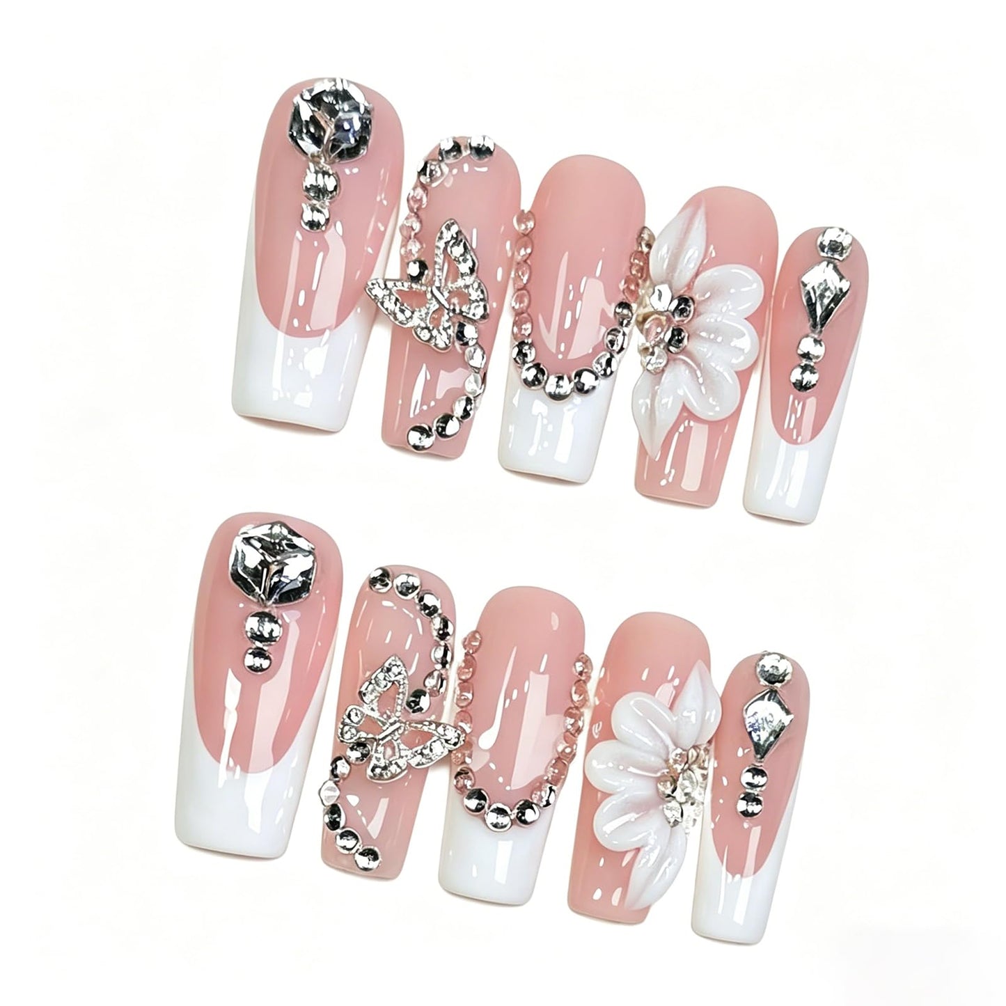 Handmade Press on Nails Long Square - Butterfly & Diamond Necklace Design Fake Nails, Luxury White French Tip False Nails with 3D Flower, 10 Pcs for Women (Size M)