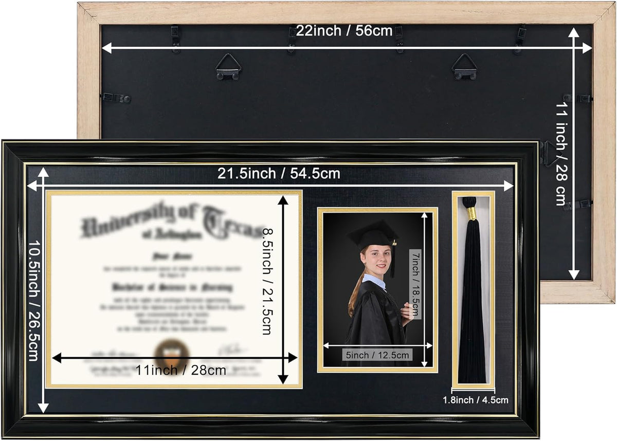 GraduationMall 11x22 Black Diploma Frame with Tassel Holder and Picture for 8.5x11 Certificate 5x7 Photo,Tempered Glass,Black over Gold Mat