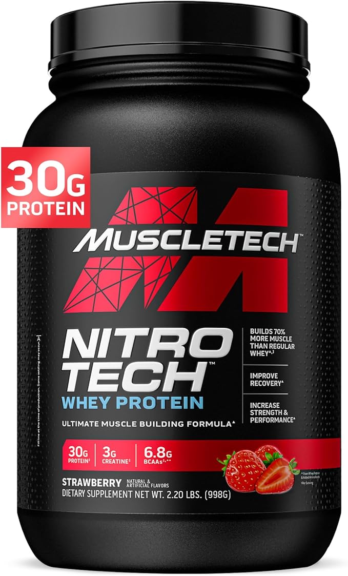 Muscletech Whey Protein Powder (Strawberry, 2.2 Pound) - Nitro-Tech Ultimate Muscle Building Formula with Whey Protein Isolate & Peptides - 30g of Protein, 3g of Creatine & 6.8g of BCAA