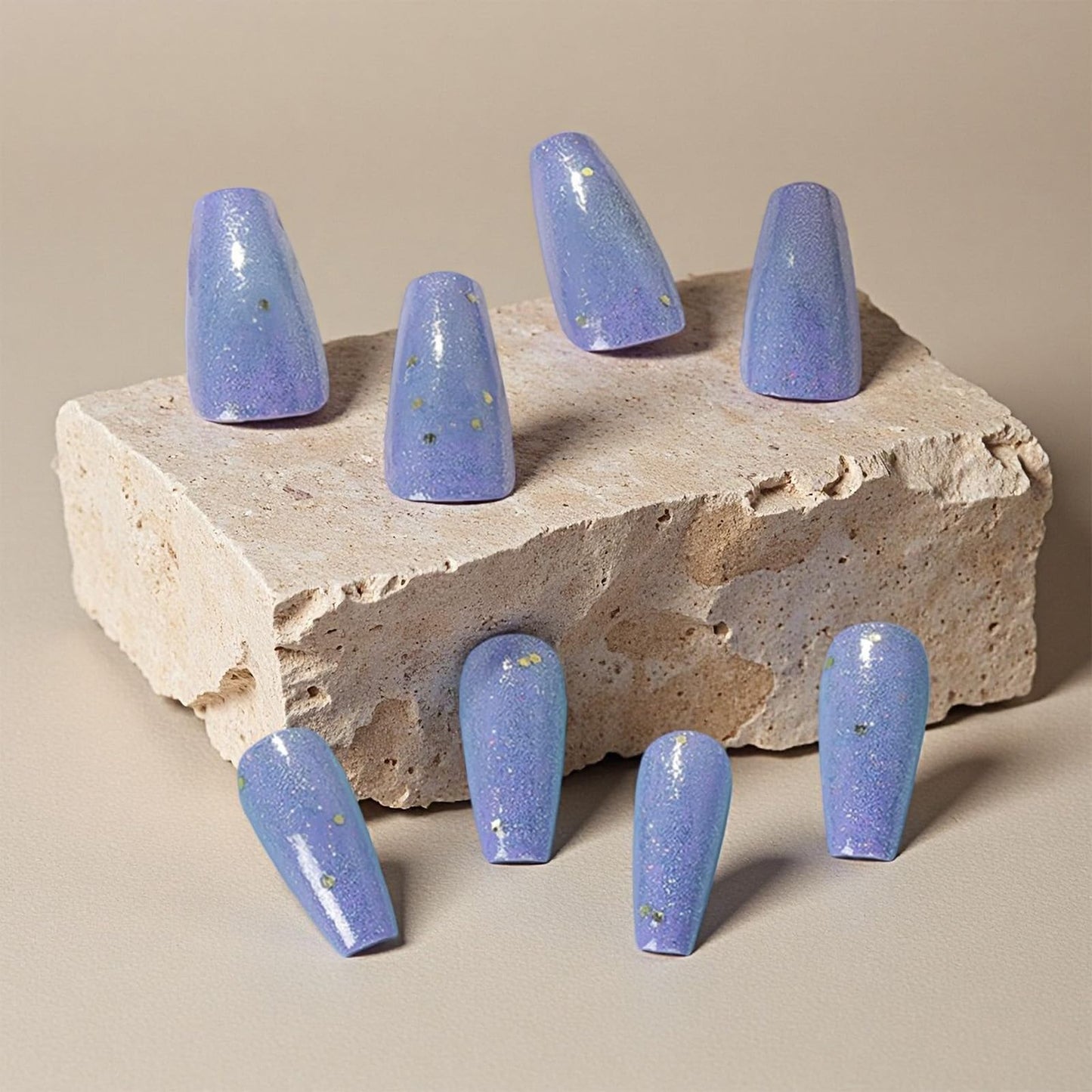 SINHOT Coffin Press on Nails - Medium Fake Nails, Glossy Finish, Blue Bling Glitter, DIY Artificial False Nail Art - 24 Pcs Nail Kit with Glue
