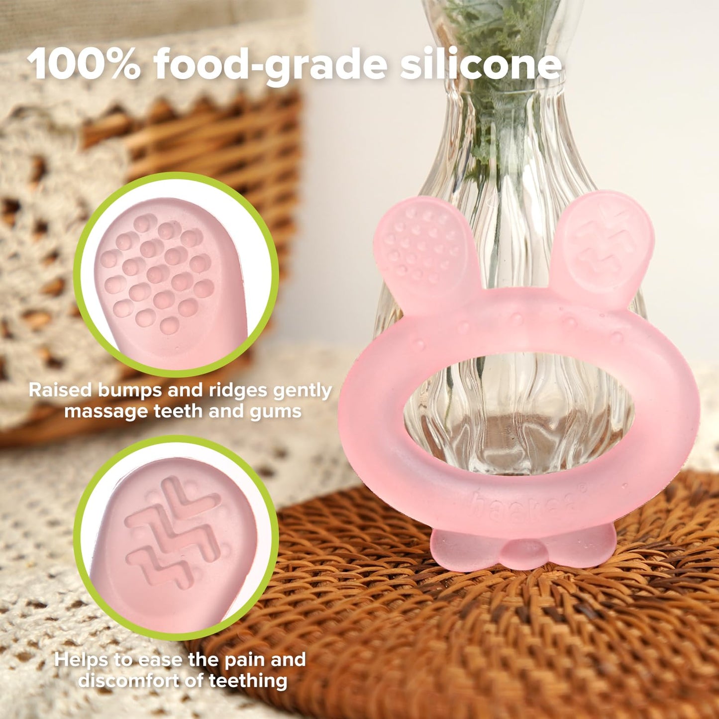 Haakaa Silicone Baby Teether - Rabbit Ear Frozen Teething Toy for Babies 3-6 Months- Cold Teething Relief - BPA Free Silicone-Pink