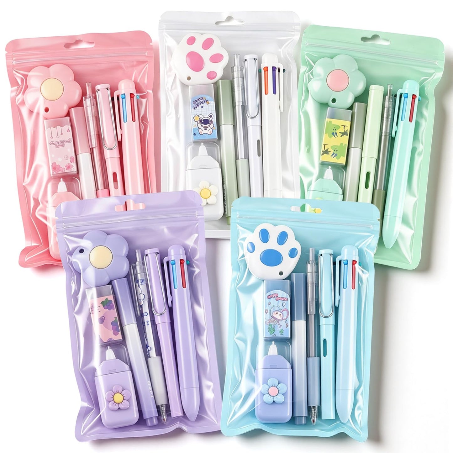 Sayglossy 5 Sets 7 Pcs Kawaii Stationery Set Cute Stationery Mini Office Supply Kit Cute School Supplies Including Ballpoint Pens Pencil Sharpener Highlighter Correction Tape Ruler Utility Knife