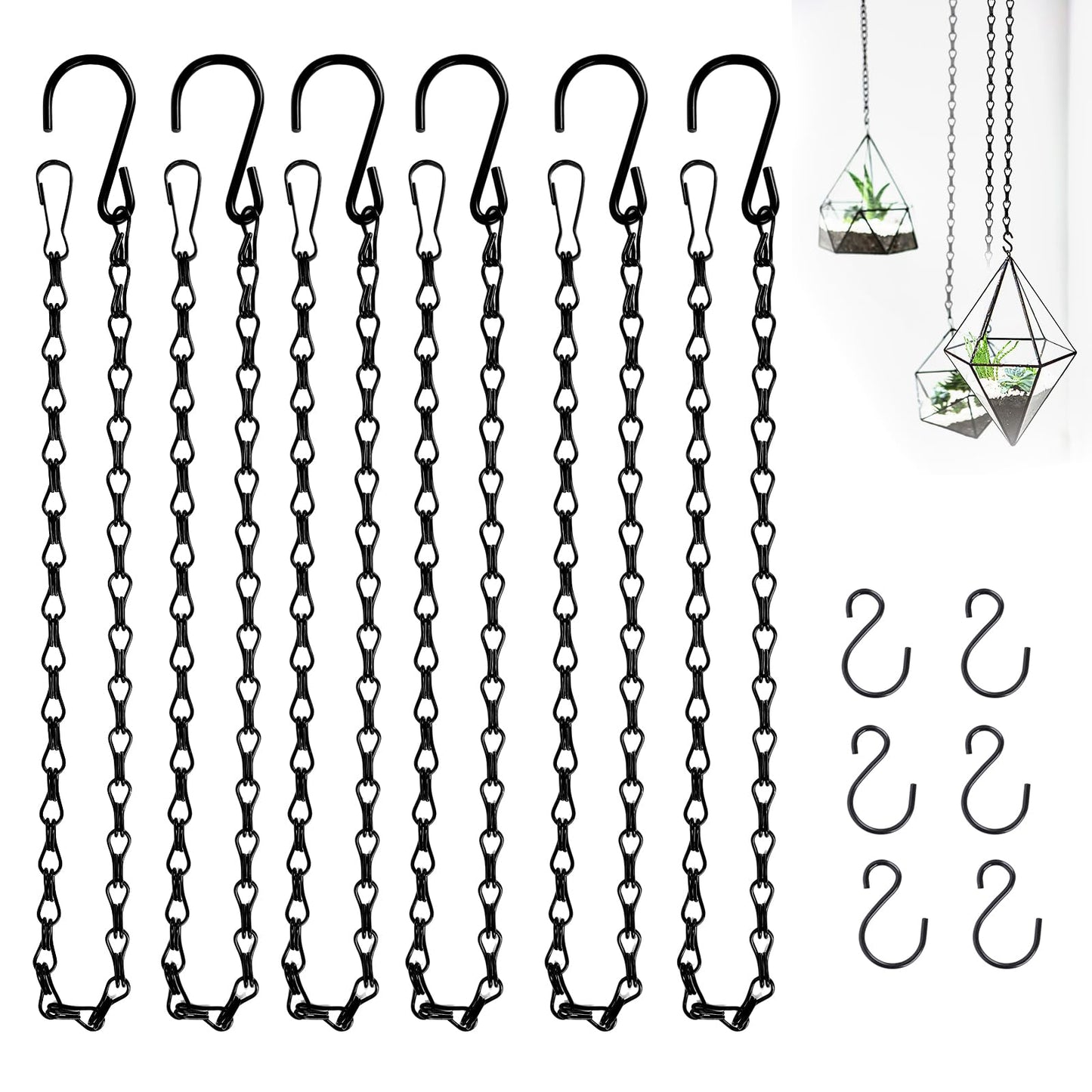 Urkupoo 6PCS Hanging Chains with S Hooks, 24.2IN Long Chains with Clips, Adjustable Black Metal Chains Hanger for Plant, Sign, Bird Feeder, Wind Chime