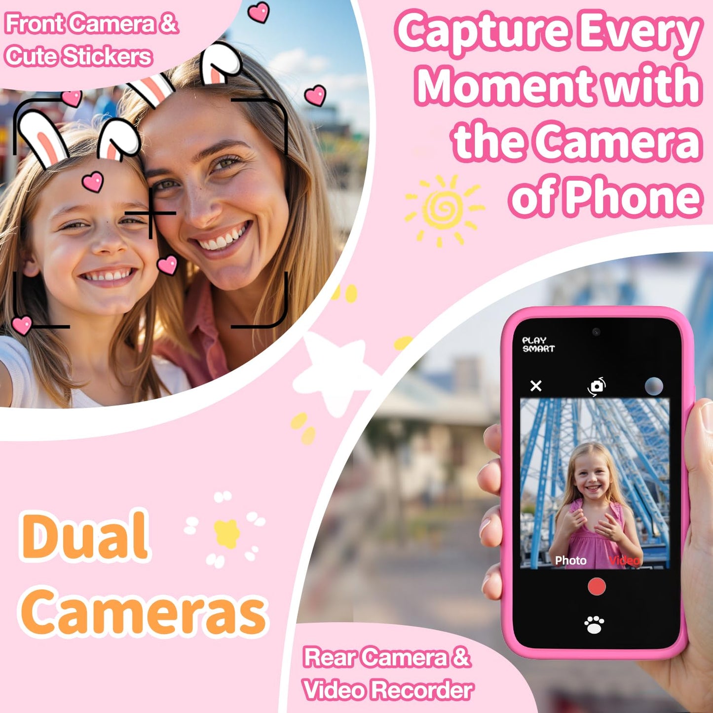 MOMILLA Kids Smart Phone with Dual Camera, 3.97" Touchscreen, 200+ Educational Games, Learning Toys with Parental Control for Ages 3-12, No SIM Birthday Gifts