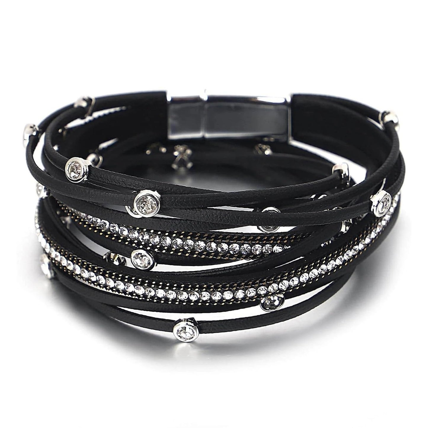 Leopard Bracelet for Women, Boho Leather Wrap Multi-Layer Pearl Crystal Bracelet Bangle Jewelry(Rhinestone(Black))