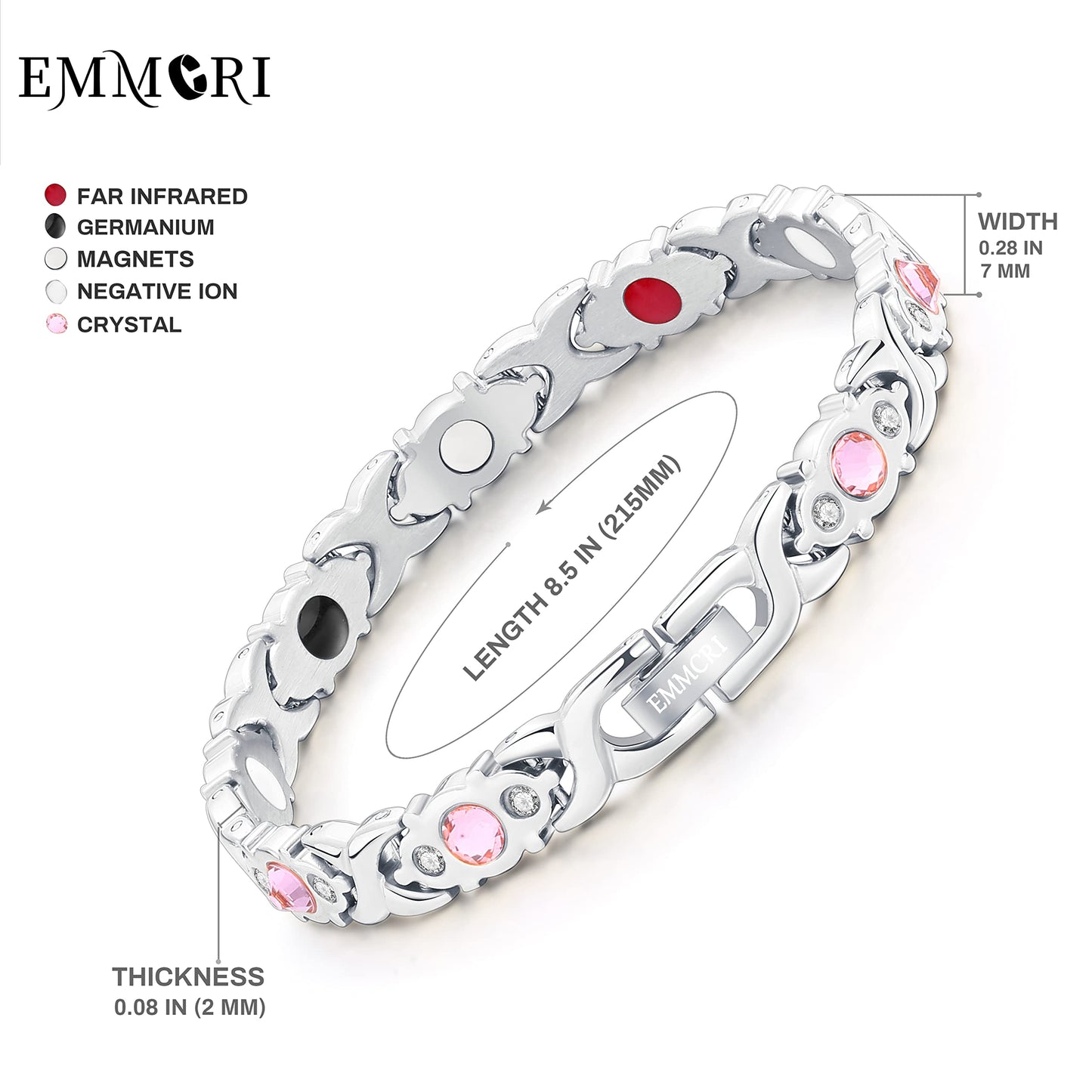 EMMORI Ultra Strength Magnetic Bracelet for Woman - 3,500 Gauss Per Magnet -Crystal Bracelet - Adjustable Length -Pulseras Magneticas (Silver)