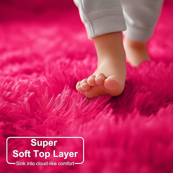 Hot Pink Round Rugs 5Ft for Girls Bedroom, Fluffy Circle Area Rug for Kids Room Decor Aesthetic, Shag Plush Fuzzy Furry Carpet for Living Room, Nursery, Dorm, Classroom, Teen, Cute Princess Baby Rug