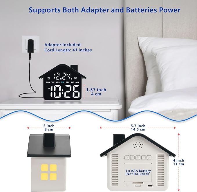 Plumeet Digital Alarm Clock, Bedroom Clock with Large Numbers, Date, Week, Dual Alarms, Dimmer and Ambient Light, House-Shaped Electric Bedside Desk Clock, Adapter Batteries Powered, Black