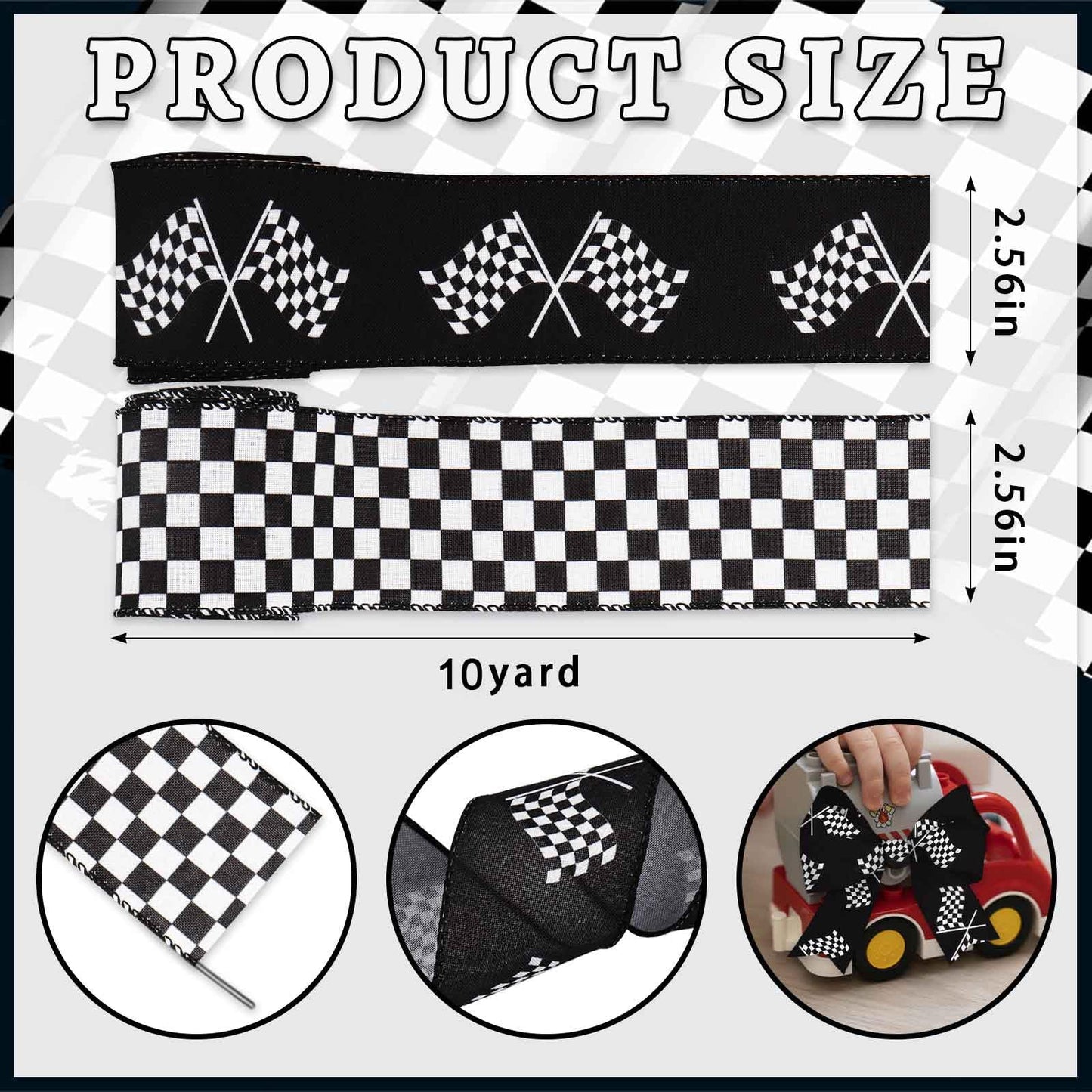 2 Rolls Black and White Checkered Flag Ribbon – Racing Flag Wired Ribbon for Wreath Bow Gift Wrapping Crafts Decoration 2.5 Inch × 10 Yards Black White Checkered Ribbons for Race Theme Party Supplies